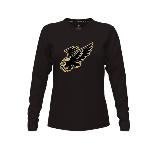 [CUS-DFW-TEES-CMF-VNK-LSL-BLK-FYXS-LOGO1] Decker Comfort T-Shirt (Female Youth XS, Black, V Neck, Logo 1, Long Sleeve)