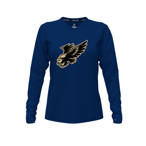 [CUS-DFW-TEES-PER-VNK-LSL-NVY-FYXS-LOGO1] Decker Performance T-Shirt (Female Youth XS, Navy, V Neck, Logo 1, Long Sleeve)