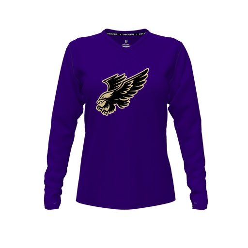 [CUS-DFW-TEES-PER-VNK-LSL-PUR-FYXS-LOGO1] Decker Performance T-Shirt (Female Youth XS, Purple, V Neck, Logo 1, Long Sleeve)